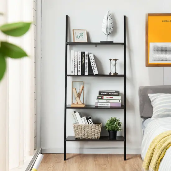 Costway Industrial Ladder Shelf 4-Tier Leaning Wall Bookcase Plant Stand Rustic Black/Brown {9}