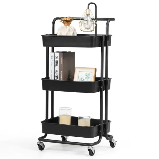 3-Tier Multi-Purpose Vertical Utility Cart with Smooth Casters Ample Storage and Drainage Design Black {6}