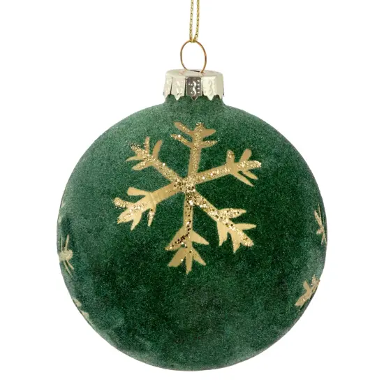 Northlight Velvet Glass Christmas Ball Ornaments with Gold Snowflakes - 3" (75mm) - Green - 4ct {4}