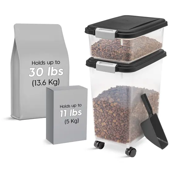 IRIS USA 30lbs+11lbs Airtight Pet Food Storage Container Combo with Scoop and Casters, up to 41lbs Black {1}