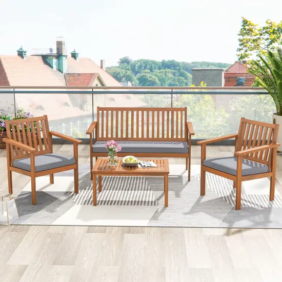 Costway 4 PCS Patio Wood Furniture Set with Loveseat, 2 Chairs & Coffee Table for Porch White/Grey/Navy {4}
