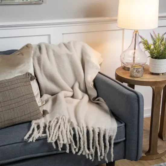 Northlight Cream Brushed Woven Throw Blanket with Fringe 50" x 60" Ivory {3}