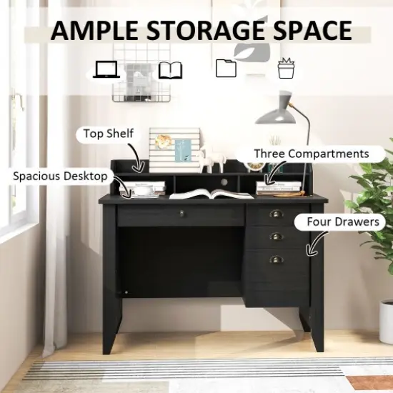 Modern Computer Desk with Storage Shelves and 4 Drawers Black {3}