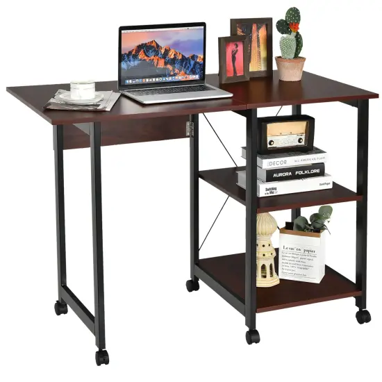 Costway Rolling Computer Desk Folding Writing Office Desk w/ Storage Shelves {1}