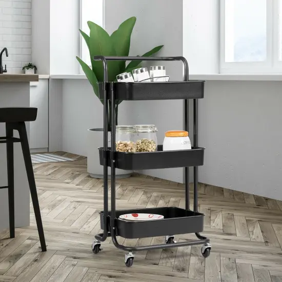 3-Tier Multi-Purpose Vertical Utility Cart with Smooth Casters Ample Storage and Drainage Design Black {2}