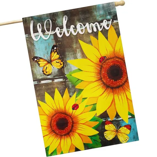G128 House Flag Welcome Sunflowers and Butterflies | 28x40 Inch | Printed Blockout Polyester - Summer Decoration {1}
