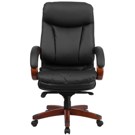 Emma and Oliver High Back Leather Executive Swivel Ergonomic Office Chair with Synchro-Tilt Mechanism, Mahogany Wood Base and Arms Black {3}
