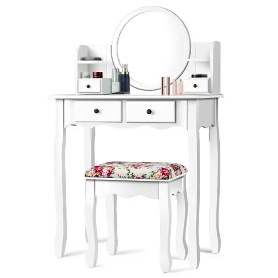 Makeup Vanity Table Set Girls Dressing Table with Drawers Oval Mirror White {1}