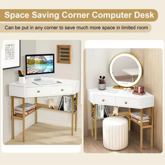 Space Saving Corner Computer Desk with 2 Large Drawers and Storage Shelf- Golden {2}