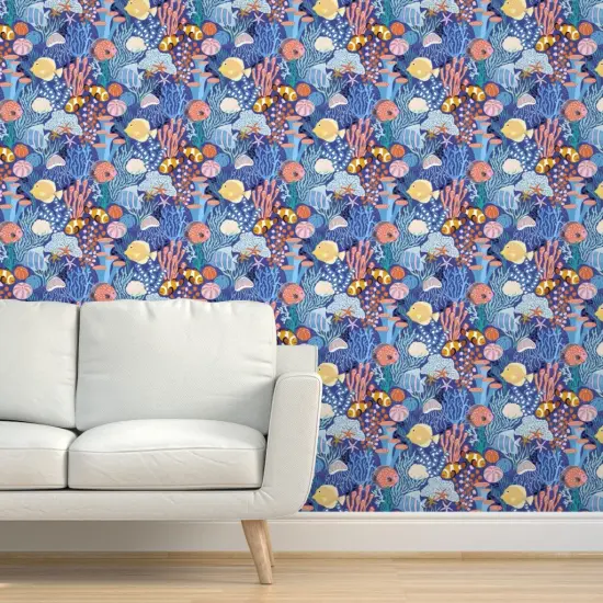 Peel & Stick Wallpaper 2FT Wide Coral Reef Blue Colorful Tropical Under The Sea Coastal Custom Removable Wallpaper by Spoonflower {5}