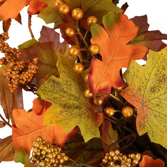 Northlight Gold Berries and Autumn Leaves Fall Harvest Artificial Twig Wreath - 22" - Unlit Orange {5}