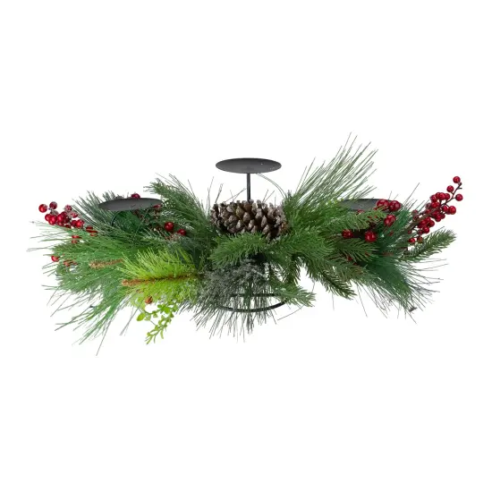 Northlight 32" Iced Mixed Pine, Berries and Pine Cones Christmas Pillar Candle Holder Green {1}