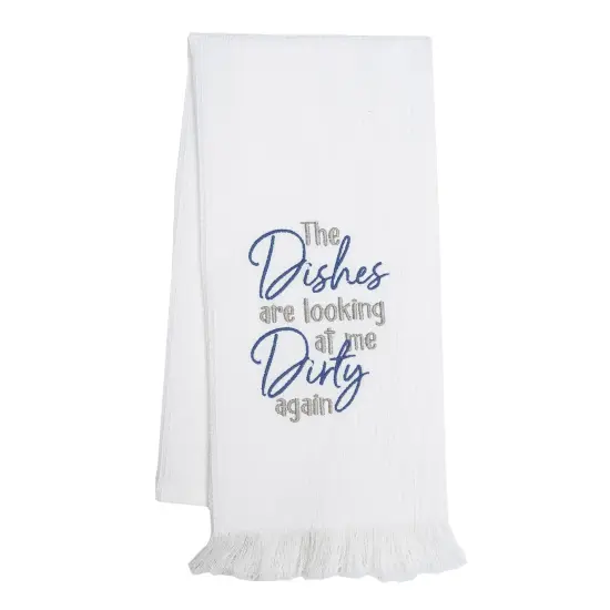 Dishes Looking At Embroidered Waffle Weave Kitchen Towel {1}