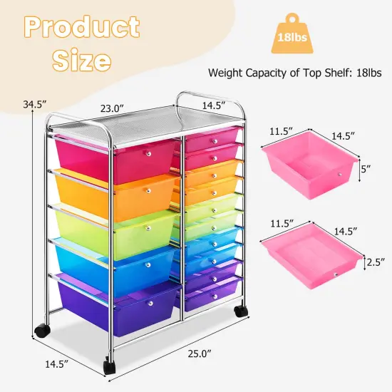 Costway 15 Drawer Rolling Storage Cart Tools Scrapbook Paper Office School Organizer Colorful {4}