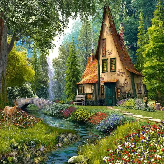 2000 Piece Jigsaw Puzzle, Toadstool Cottage, Charming Nook, Pond, Countryside, Adult Puzzles, Castorland C-200634-2 {2}