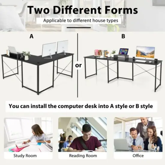 2-Person L-Shaped Long Reversible Computer Desk with Monitor Stand and Steel Frame Black {3}