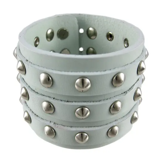 Gray Leather 3 Row Cone Spiked Wristband {1}