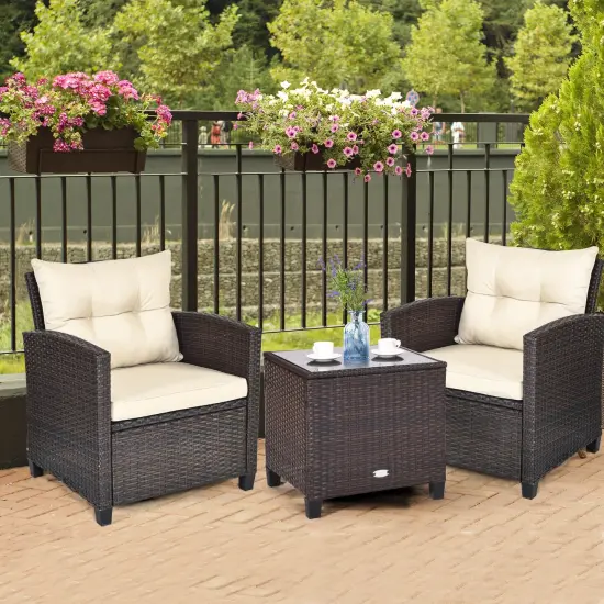 3 Pcs Patio Rattan Furniture Set Cushioned Conversation Set Coffee Table Beige {3}