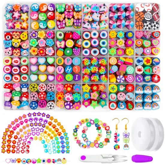 480 PCS Fruit and Flower Polymer Clay Beads - 24 Styles of Cute Heart and Mushroom Charms for Jewelry Making, Includes Necklace, Earring, and DIY Bracelet Kit Accessories for Women and Girls {2}