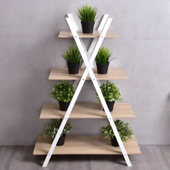 Costway 4-Tier Bookshelf Storage Display Shelves Bookcase Ladder X-Shape {3}