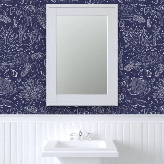 Pre-Pasted Wallpaper 2FT Wide Blue Fish Turtles Line Drawing And White Sea Creatures Life Coastal Navy Underwater Animals Chic Beach House Custom Pre-pasted Wallpaper by Spoonflower {6}
