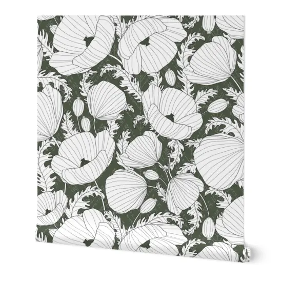 Peel & Stick Wallpaper 2FT Wide Floral Poppies Boho Flowers Olive White Line Drawing Large Scale Leaves Retro Green Custom Removable Wallpaper by Spoonflower {7}