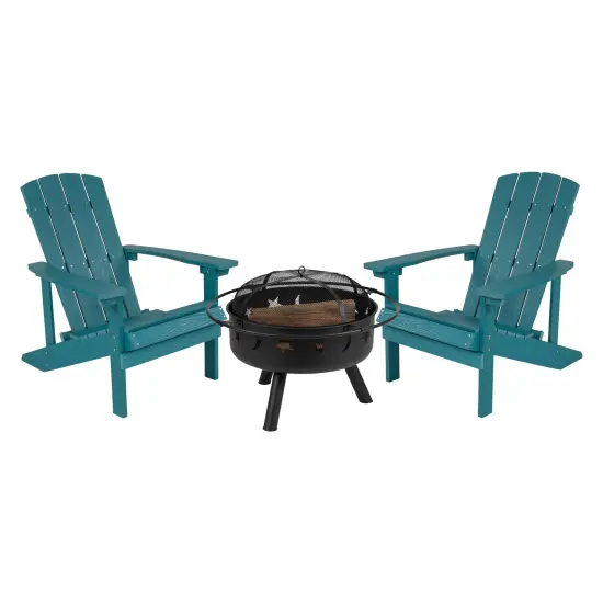 Merrick Lane Ayala 3 Piece Outdoor Leisure Set with Set of 2 Poly Resin Adirondack Chairs and Star and Moon Iron Fire Pit Blue {6}