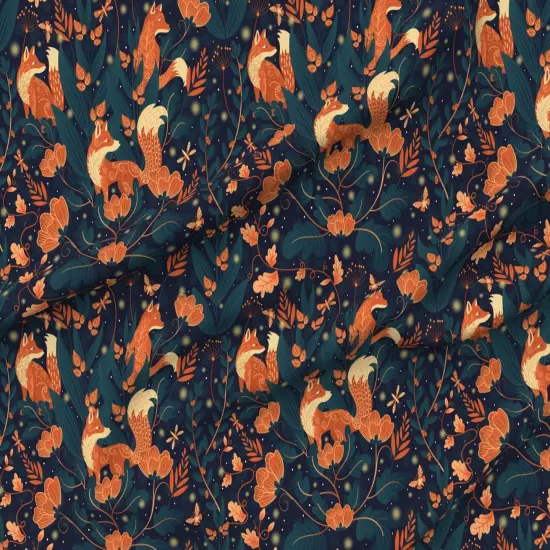 Various Fabrics by the Yard or Fat Quarter Whimsical Garden Orange Foxes Midnight Blue Firefly Fantasy Custom Printed Fabric by Spoonflower {6}