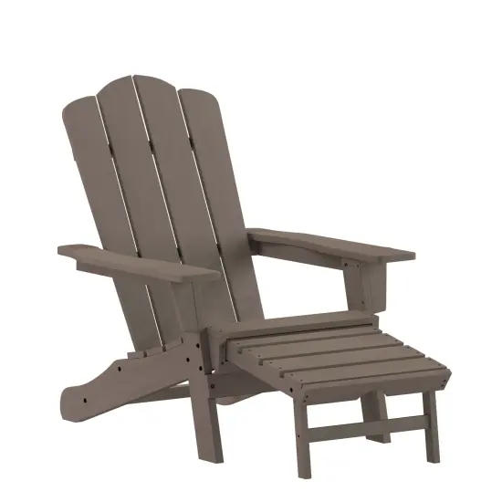 Merrick Lane Nassau Adirondack Chair with Cup Holder and Pull Out Ottoman, All-Weather HDPE Indoor/Outdoor Lounge Chair Brown {1}