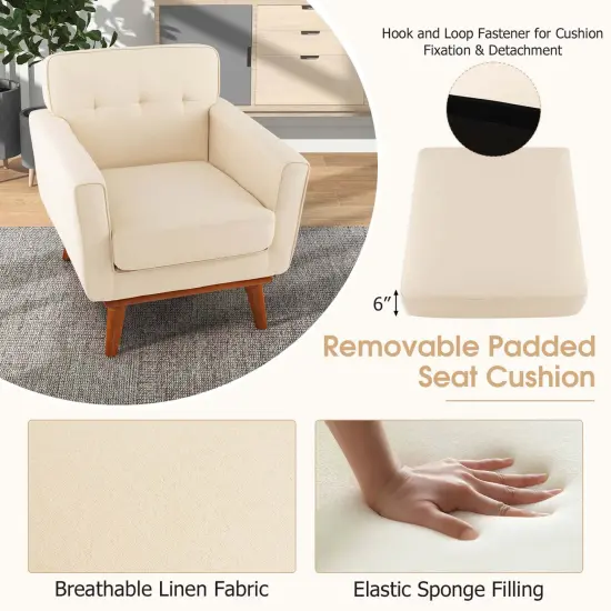 Costway Modern Accent Chair Upholstered Linen Fabric Armchair with Removable Cushion Beige/Grey {5}