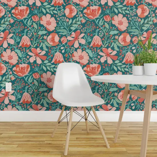 Pre-Pasted Wallpaper 2FT Wide Coral Chintz Blue Green Pink Jumbo Scale Magnolia Flower Botanical Garden Custom Pre-pasted Wallpaper by Spoonflower {1}