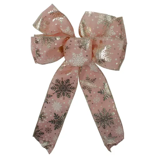 Northlight Shiny Snowflake 6-Loop Christmas Bow Decoration - 9" x 14" - Pink and Gold {1}