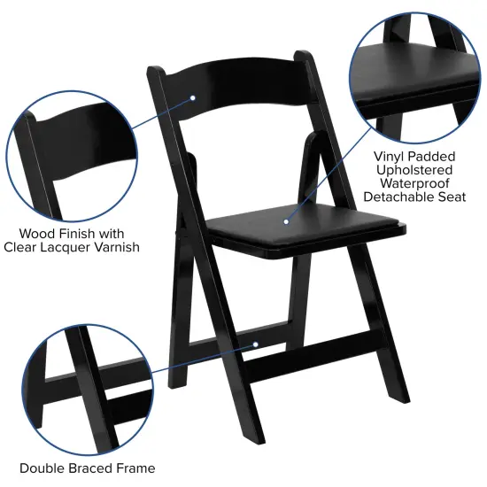 Emma and Oliver 2 Pack Wedding Party Event Wood Folding Chair with Vinyl Padded Seat Black {3}