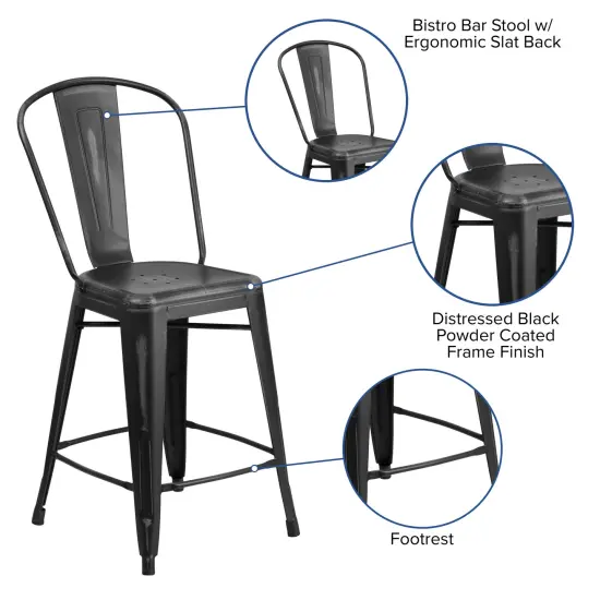 Emma and Oliver Commercial Grade 4 Pack 24" High Distressed Metal Indoor-Outdoor Counter Height Stool with Back Black {2}