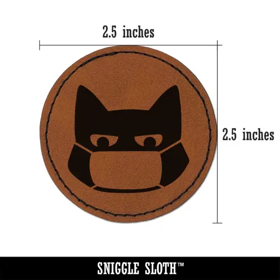 Judgmental Cat Wearing Mask Round Iron-On Engraved Faux Leather Patch Applique - 2.5" Brown {3}