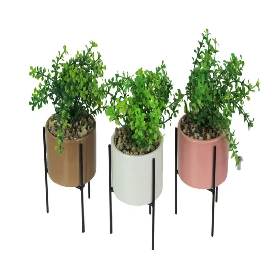 Set of 3 Artificial Potted Succulent Plants W/ Ceramic Planters And Metal Stands {1}