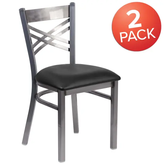 Emma and Oliver 2 Pack Clear Coated "X" Back Metal Restaurant Chair BlackVYL/ClearCoated {5}