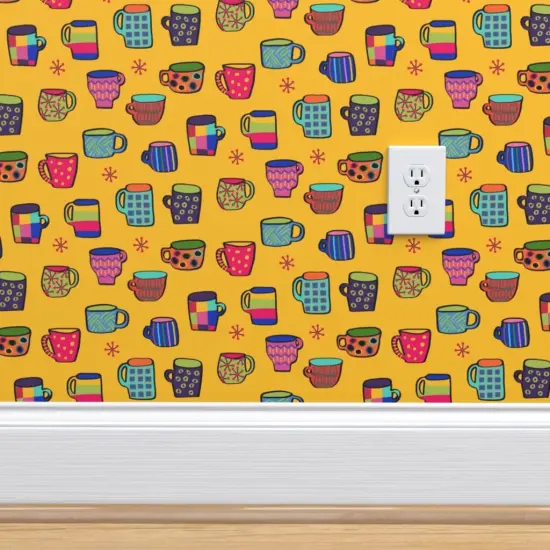 Pre-Pasted Wallpaper 2FT Wide Yellow Whimsical Small Scale Kitchen Mug Coffee Cup Kitsch Tea Lover Custom Pre-pasted Wallpaper by Spoonflower {4}