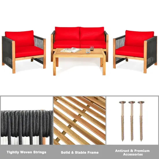 4 Pcs Acacia Wood Outdoor Patio Furniture Set with Cushions Red {5}