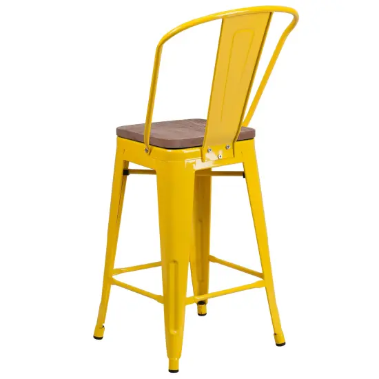 Merrick Lane Donnely Metal Dining Stool with Curved Slatted Back and Textured Wood Seat Yellow {3}