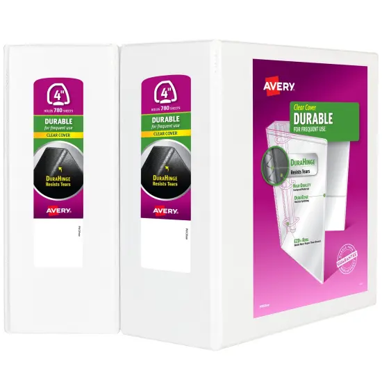 Avery 4" Durable View 3 Ring Binder, EZD Ring, Holds 8.5" x 11" Paper, 2 White Binders (9801) {1}