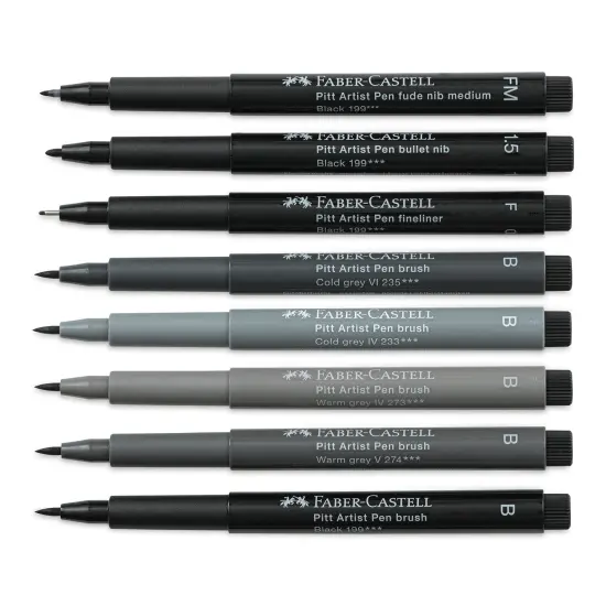Faber-Castell Pitt Artist Pens- Black and Gray, Set of 8, Assorted {1}