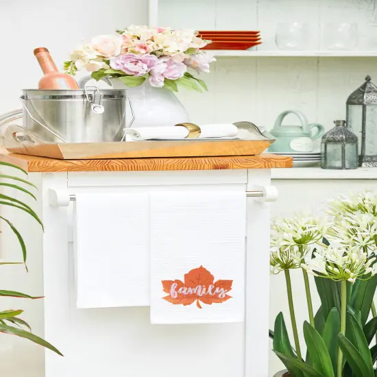 "Family" Leaf Embroidered Waffle Weave Kitchen Autumn Dishtowel {4}