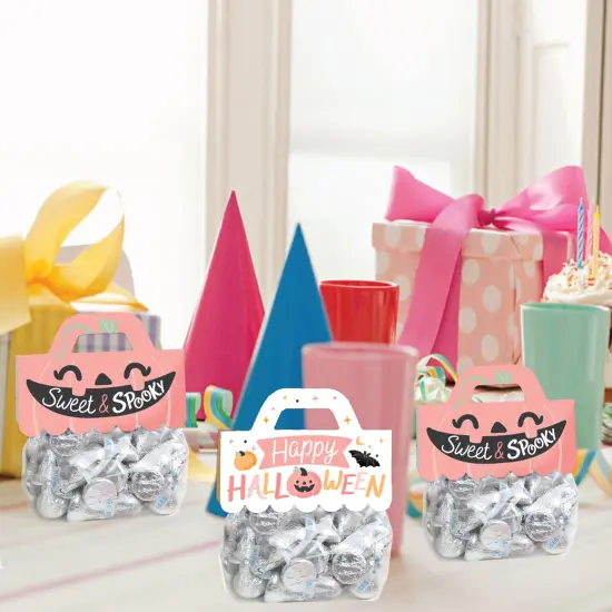 Big Dot of Happiness Pastel Halloween - DIY Pink Pumpkin Party Clear Goodie Favor Bag Labels - Candy Bags with Toppers - Set of 24 {7}
