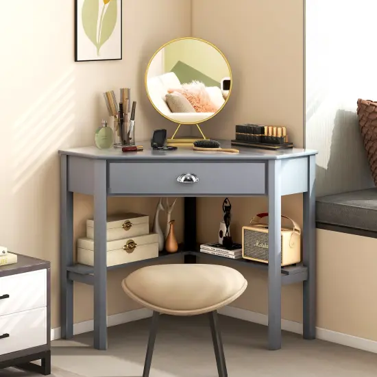 Wooden Corner Computer Desk with Big Storage Drawer and Two Open Shelves Grey {3}