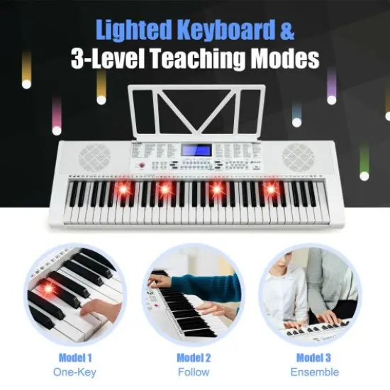 61-Key Portable Multi-functional Electronic Piano Keyboard with 2 Power Supply Modes White {2}