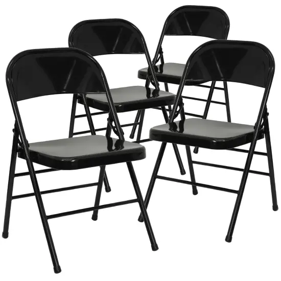 Emma and Oliver 4 Pack Triple Braced & Double Hinged Metal Folding Chair Black {1}