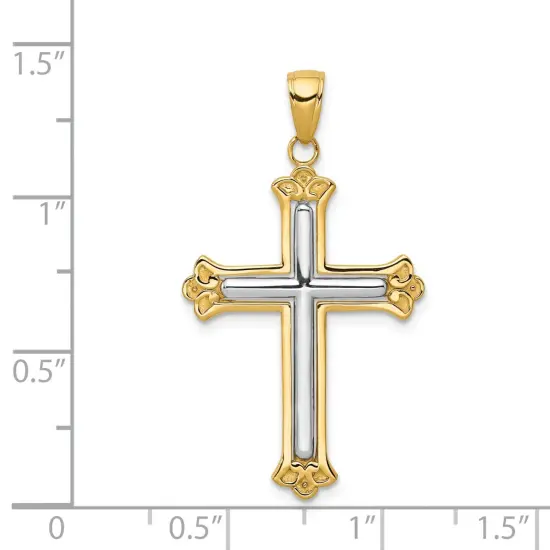 14K Gold Two Tone White Cross In Budded Yellow Cross Frame Pendant Charm Jewelry {2}