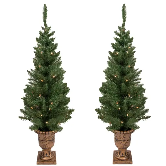 Northlight Set of 2 Pre-Lit Potted Porch Pine Topiary Slim Artificial Christmas Trees 4' - Clear Lights Green {1}