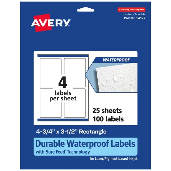 Avery Durable Waterproof Rectangle Labels with Sure Feed, 4-3/4" x 3-1/2" {1}